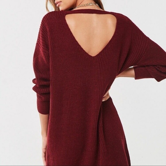 NEW-VINE & Love Back Cutout  Burgundy Ribbed Knit Sweater Mini Dress Size Large - Picture 7 of 9